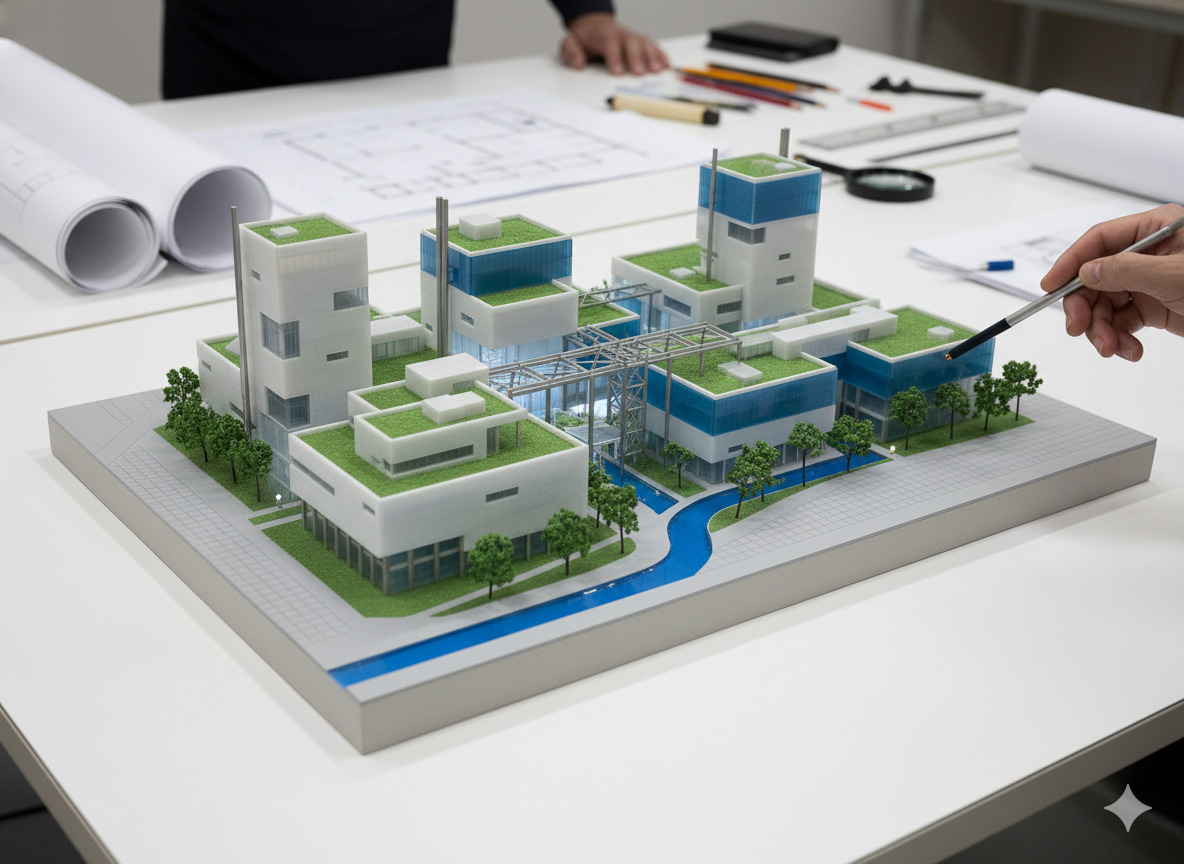 Architectural scale model of modern building complex
